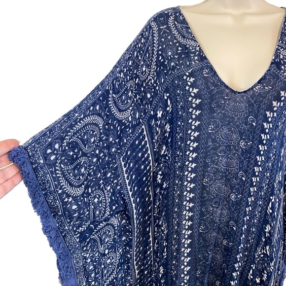 Anthropologie - Blue/Cream Fringed Caftan - O/S - Picture 10 of 11